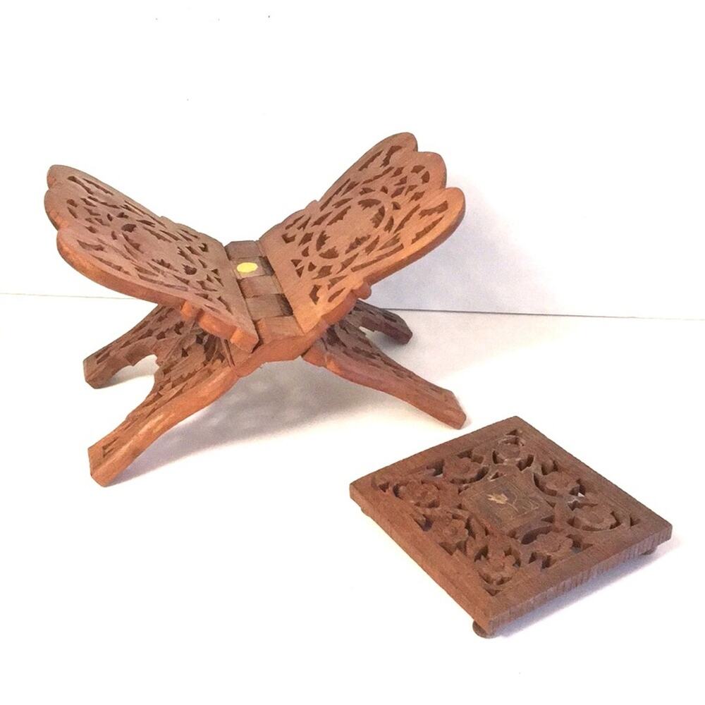 Vintage wooden handcrafted carved book holder tray